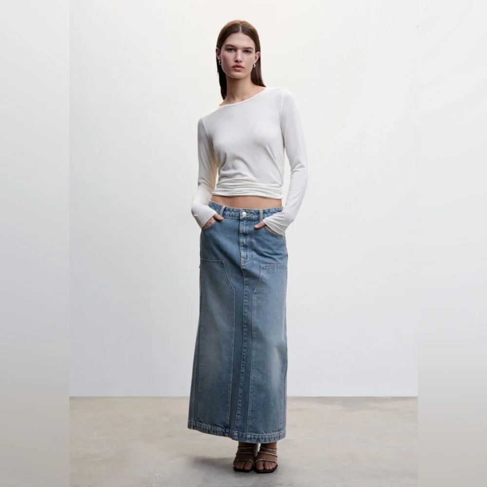 Mango / MNG‎ | Slit Denim Midi Skirt Size Small Y2K 90s Cotton Five Pockets